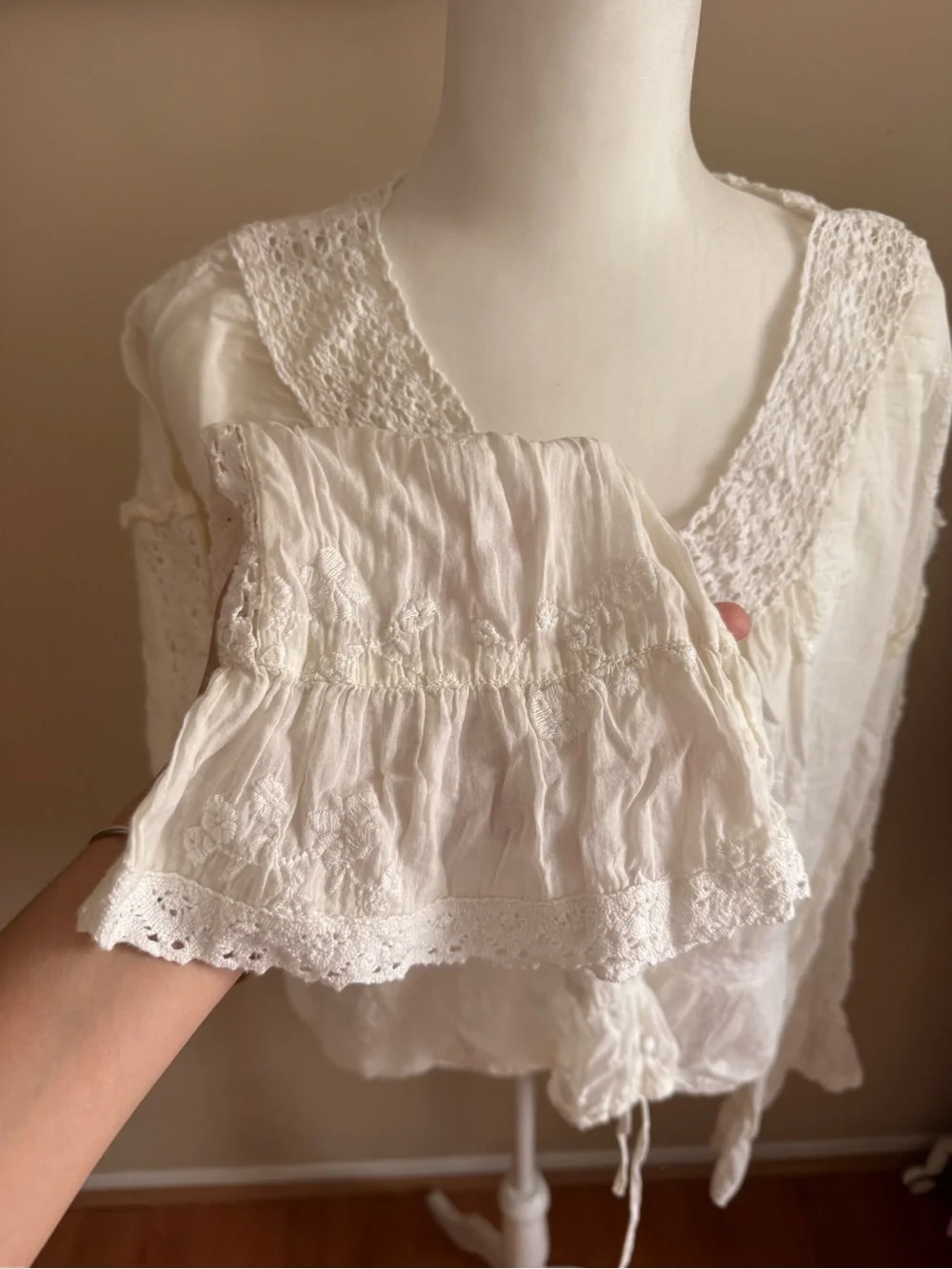 Free People Ivory Lace-Trim Button Front Blouse